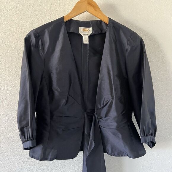 Talbots Pure Silk Dress Suit Womens 8 Blue Satin Two Piece Set Jacket Formal - Picture 6 of 16